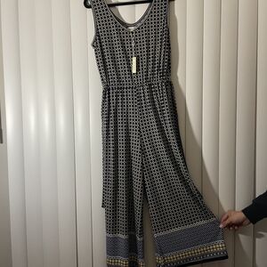 Max Studio Geometric Black and White Jumpsuit with Blue and Yellow Accents